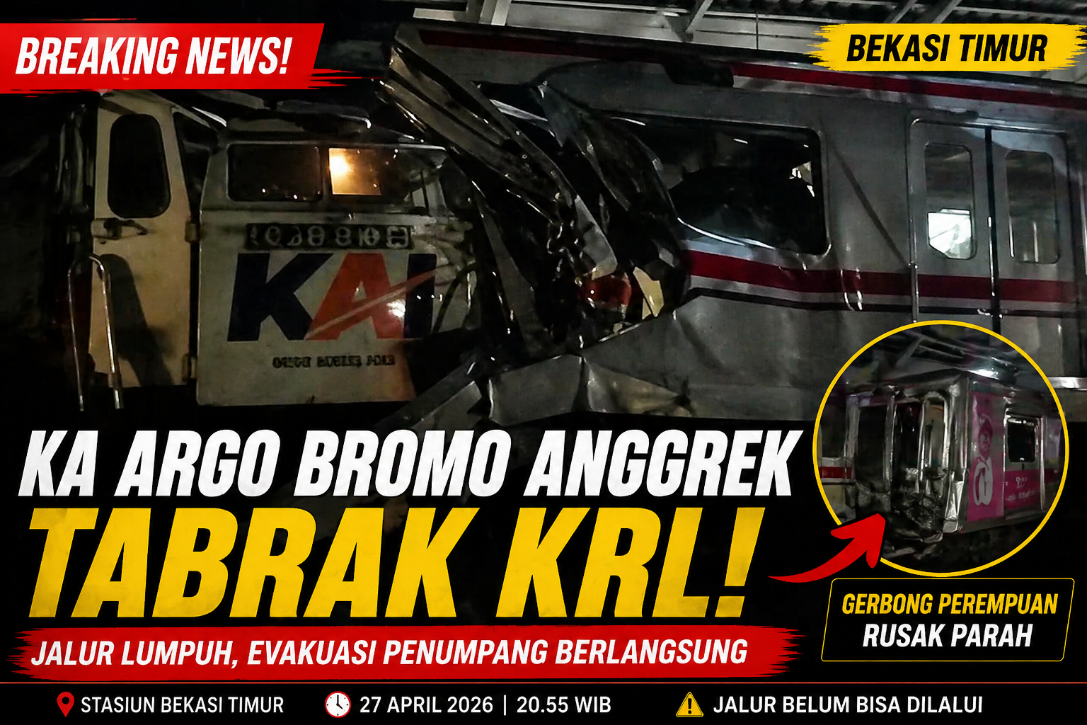 KA Argo Bromo Anggrek Tabrak KRL di Bekasi Timur, Jalur Lumpuh Sementara