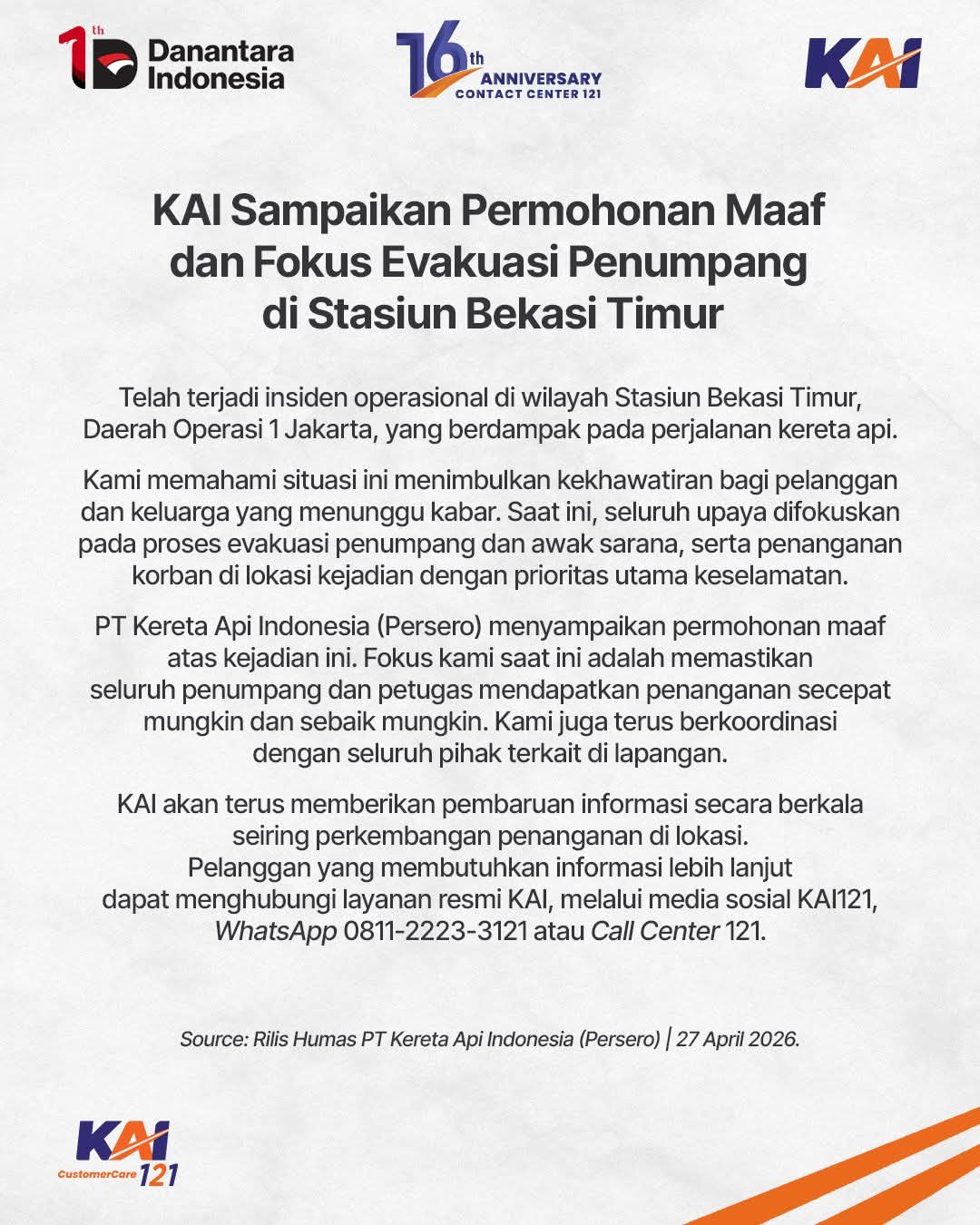 Kecelakaan Kereta api KA 4 Argo Bromo Anggrek dan KRL 5568 di Stasiun Bekasi Timur