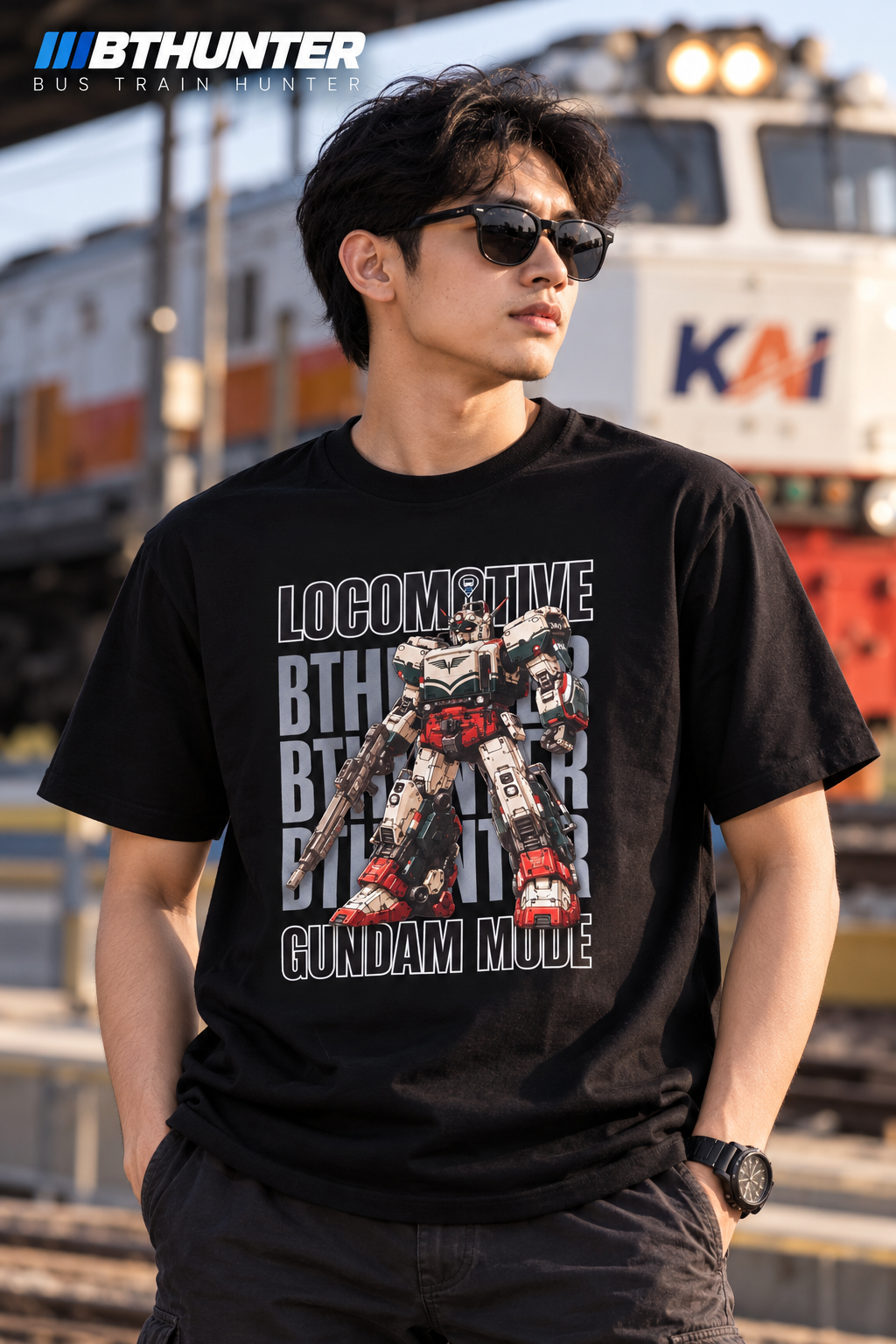 Kaos Locomotive Gundam Mode BTHunter – T-Shirt Kereta Api Unisex Hitam