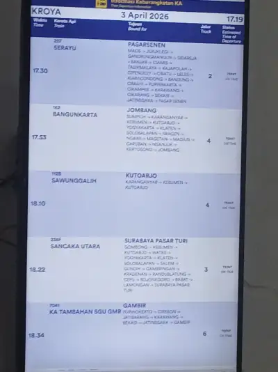 Layar informasi keberangkatan ka di stasiun kroya